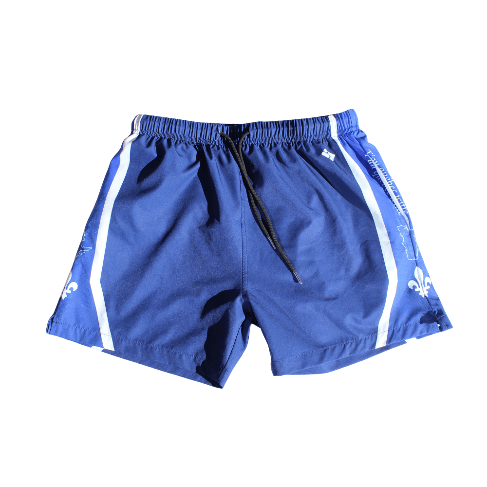 Short St-Jean bleu marine, bandes blanches et fleurs de lys sublimées