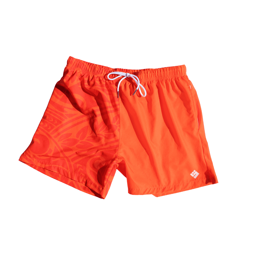 Short Sunset orange vif à motif polynésien ton sur ton